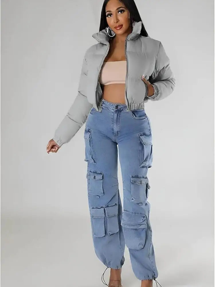 Puffer Jacket Womens Cropped Zip Casual Cotton Coat Winter