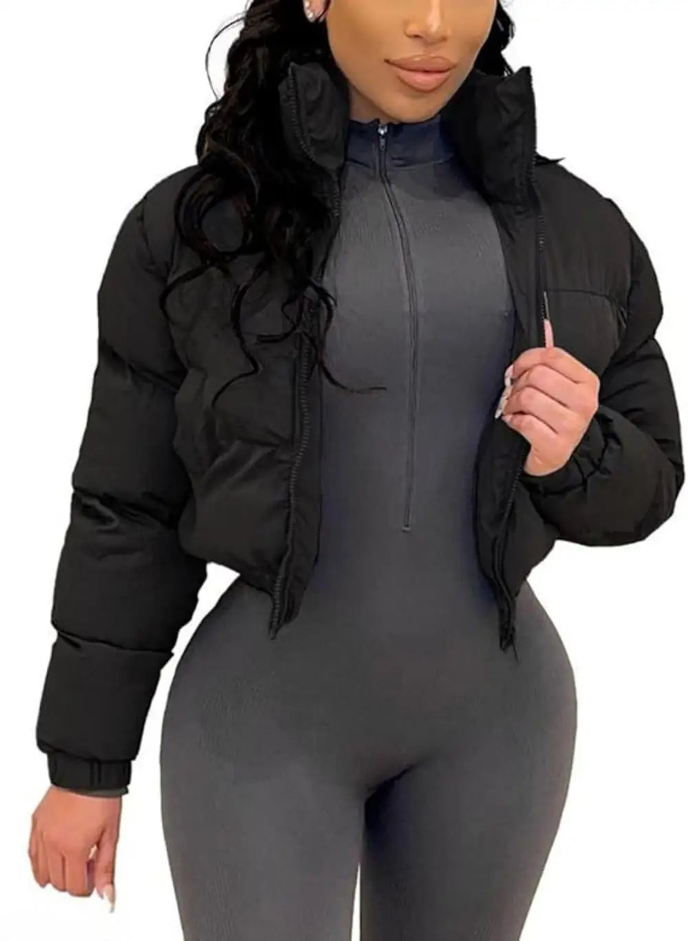 Puffer Jacket Womens Cropped Zip Casual Cotton Coat Winter