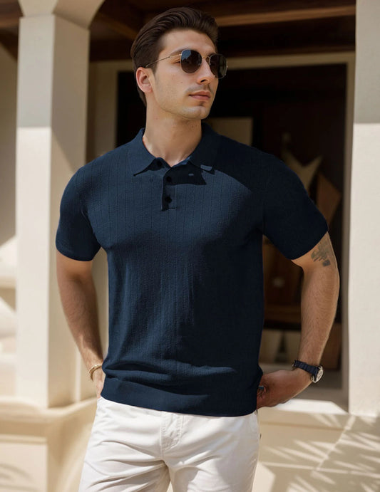 Men's Polo Collar Short Sleeve Striped Knit Shirt for Casual Wear