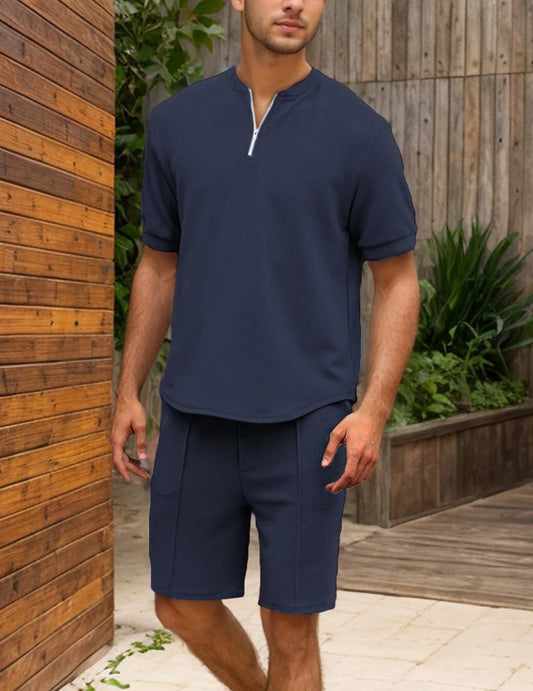 Men's Crew Neck Half-Zip Casual Two-Piece Set for Sports
