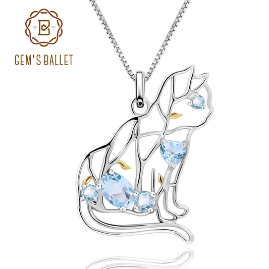 GEM'S BALLET Cat Shape Sky Blue Topaz Silver Pendant Necklace