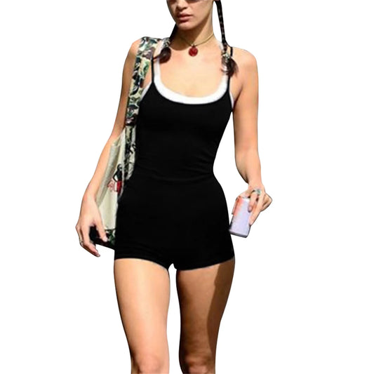 Women Sleeveless Shorts Jumpsuits Summer Casual Contrast Color Camisole Bodysuit