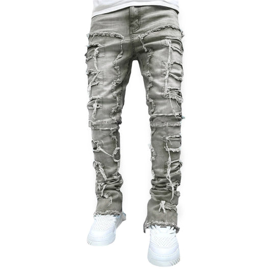 Men Skinny Pants Vintage Patch Frayed Denim Spring Fall Trousers with Pockets