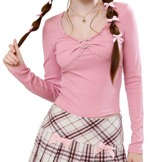 Elegant Women s V-Neck Blouse with Pearl Heart Buckle