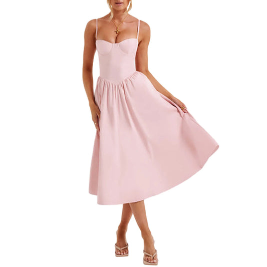 Women Summer Midi Cami Dress Solid Color Flowy Party Dress
