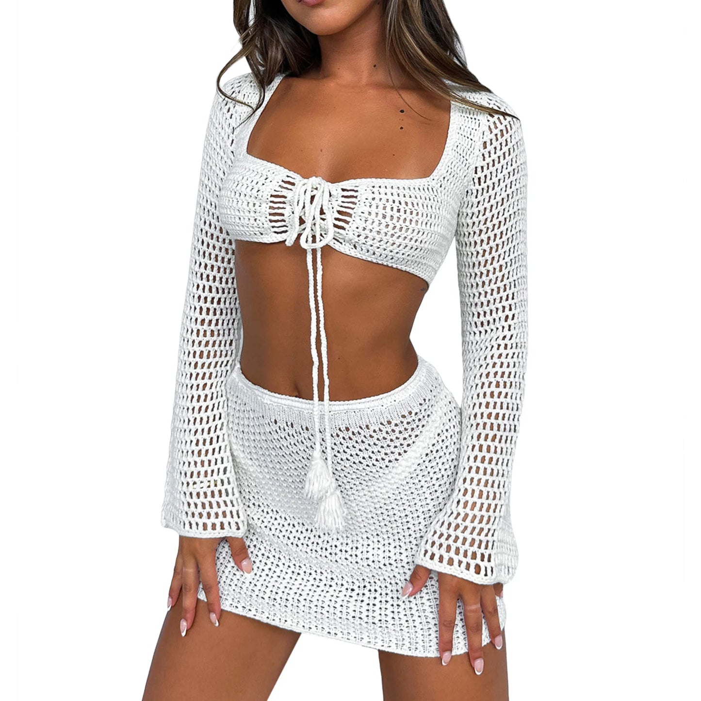 Women 2 Pieces Beachwear Outfits Square Neck Long Sleeve Tie-Up Front Knitted Cover-Ups Set