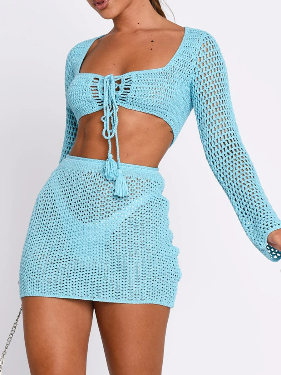 Women 2 Pieces Beachwear Outfits Square Neck Long Sleeve Tie-Up Front Knitted Cover-Ups Set