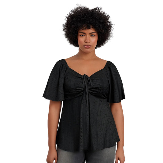 Women Plus Size Tops Casual Short Sleeve Blouses Solid Color V-Neck Hollow-Out Tie-Up Front Summer Shirt