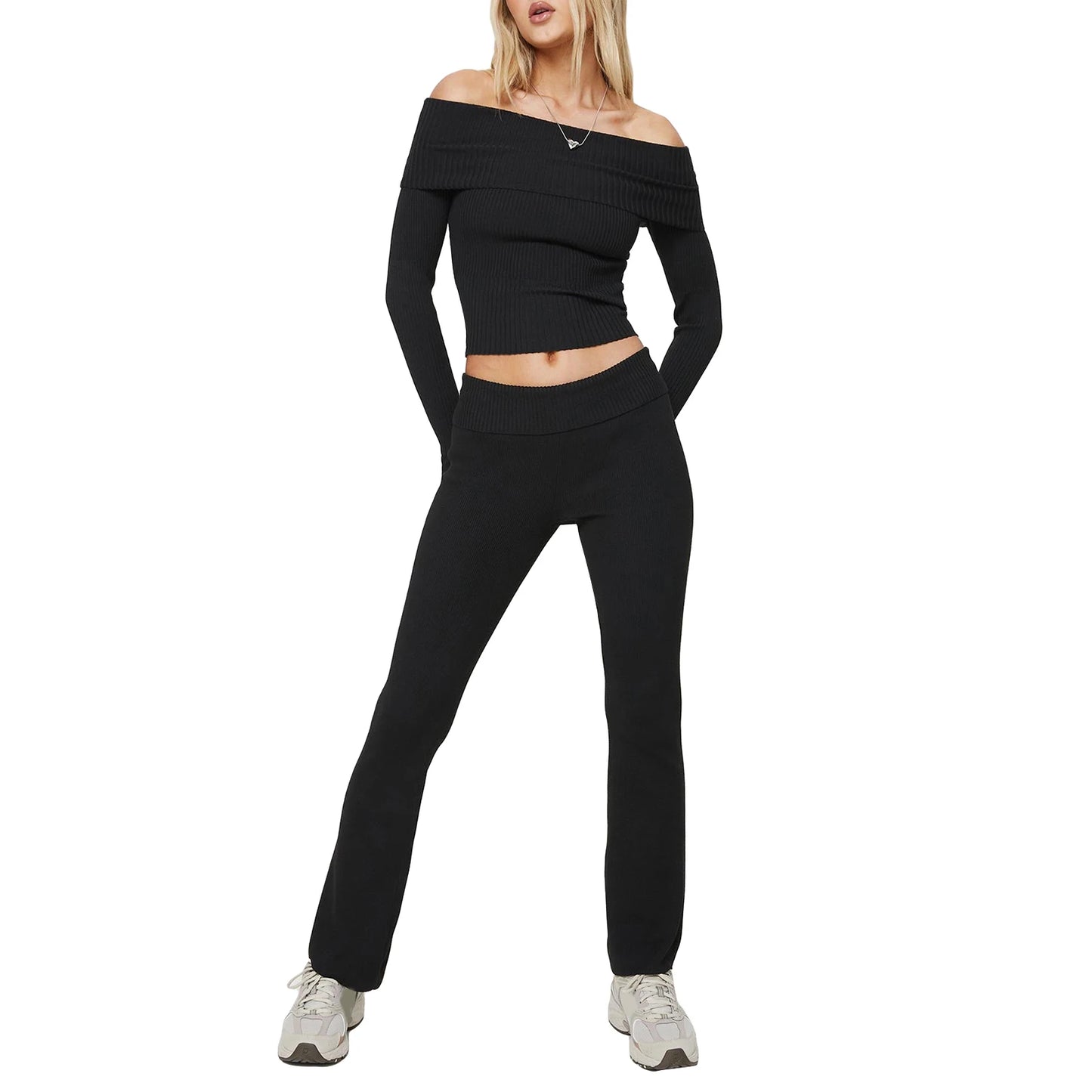 Women’s Two Piece Outfits Set Off Shoulder Knit Crop Tops Pants Set