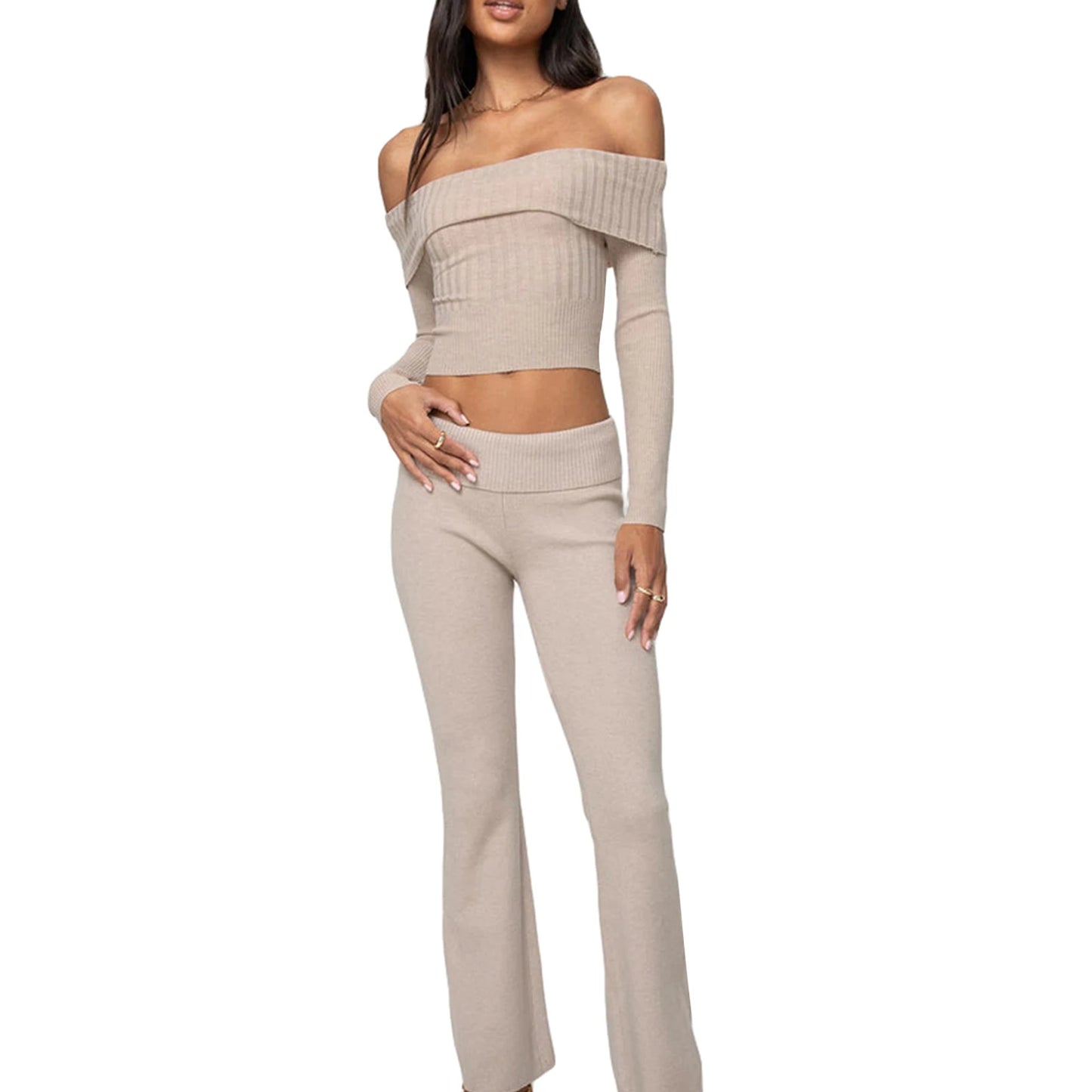Women’s Two Piece Outfits Set Off Shoulder Knit Crop Tops Pants Set