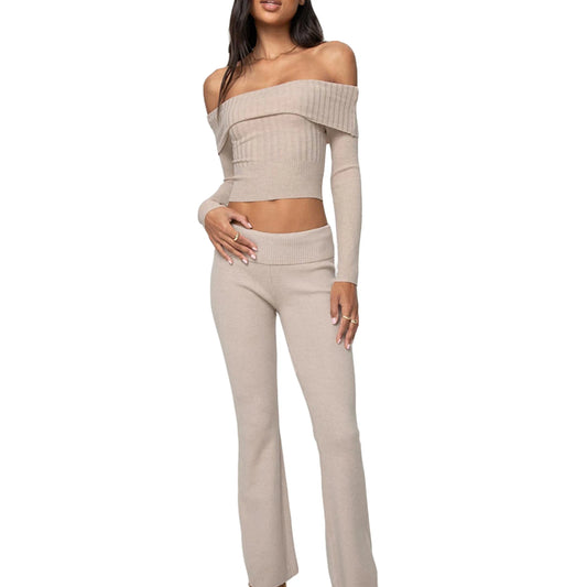 Women’s Two Piece Outfits Set Off Shoulder Knit Crop Tops Pants Set