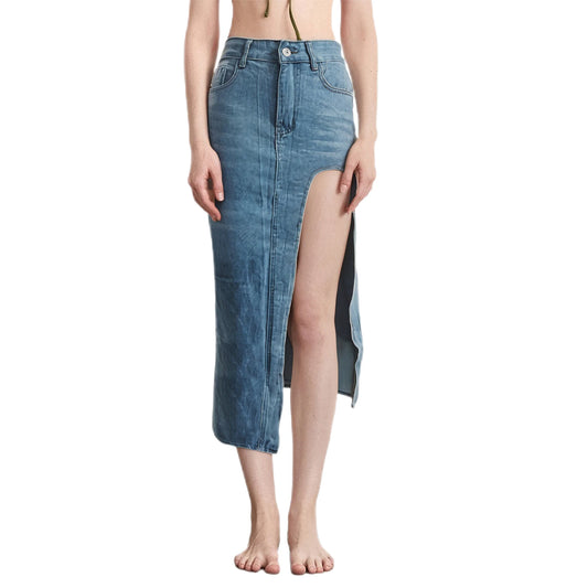 Women s Distressed Denim Skirt with Frayed Hem High Waist