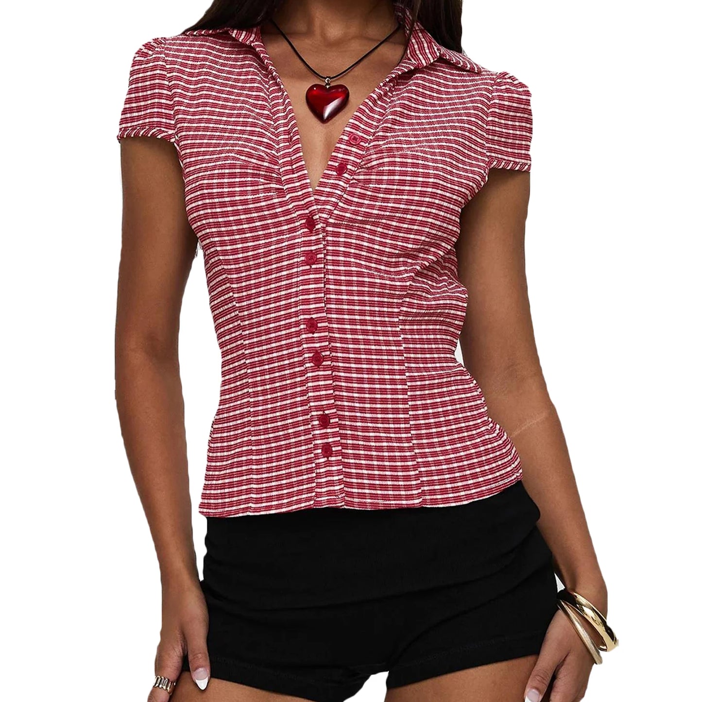Women’s Stylish Plaid Print Short Sleeve Shirt Lapel Button Down Casual Blouse Summer Tops Collection
