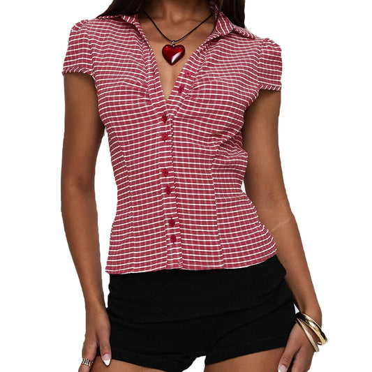 Women’s Stylish Plaid Print Short Sleeve Shirt Lapel Button Down Casual Blouse Summer Tops Collection