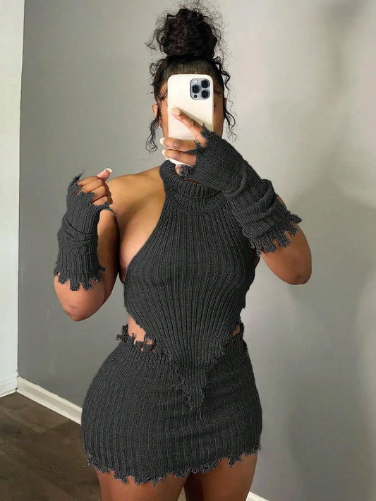 New Best Selling Women's Knitted Two Piece Set with Fringed Halter Top Skirt and Arm Sleeves Y2K Streetwear Summer Outfit
