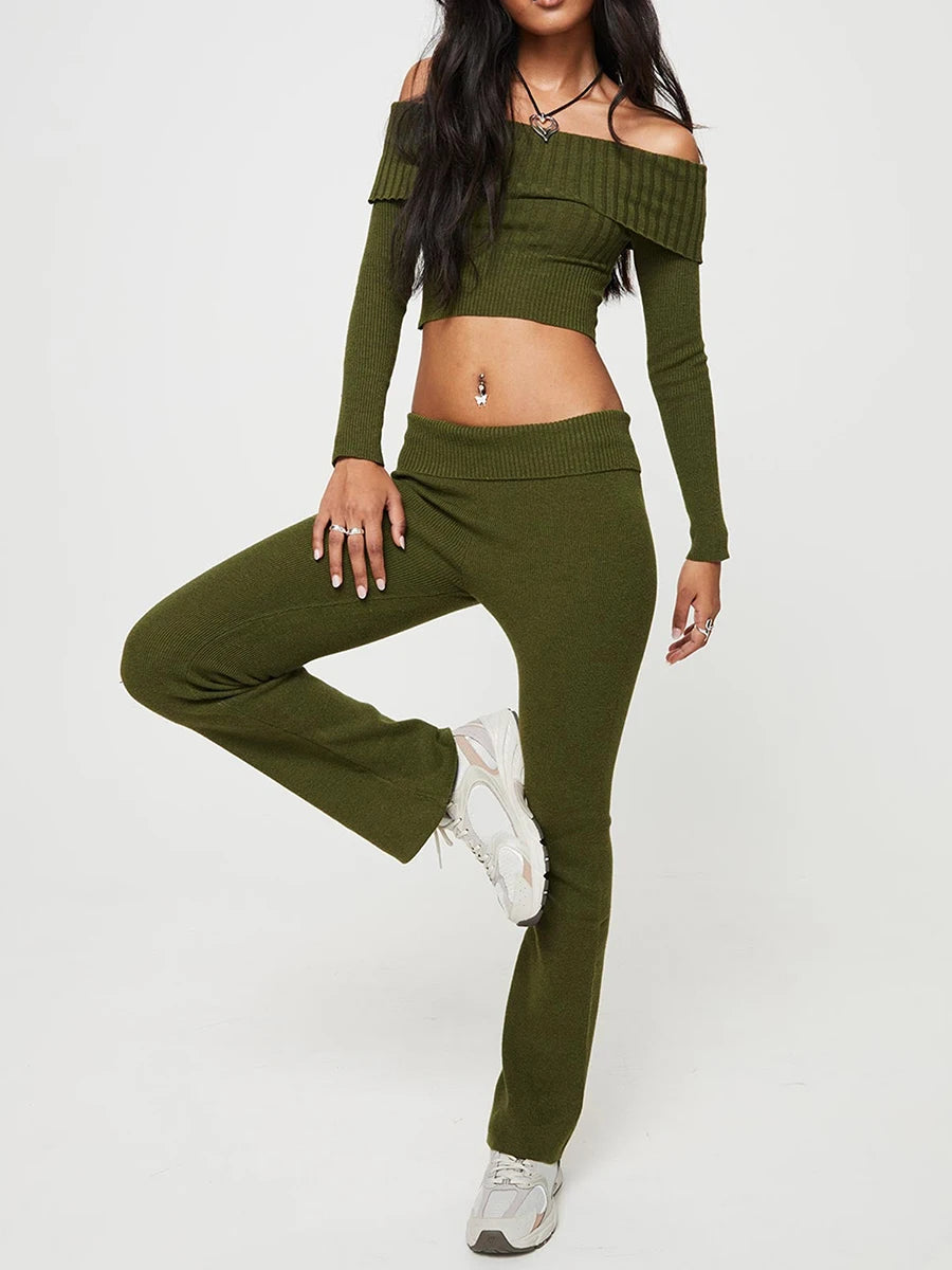 Women’s Two Piece Outfits Set Off Shoulder Knit Crop Tops Pants Set