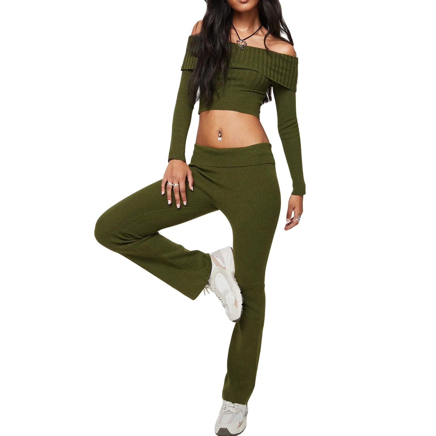 Women’s Two Piece Outfits Set Off Shoulder Knit Crop Tops Pants Set