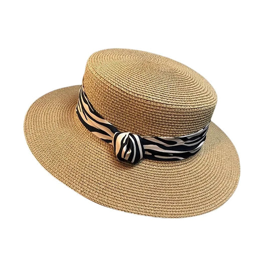 Women S Stylish Wide Brim Straw Hat With Leopard Print Belt