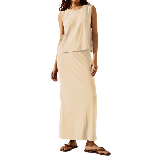 Women Sleeveless Crew Neck Tie Up Vest and Low Waist Long Skirt Summer Outfit