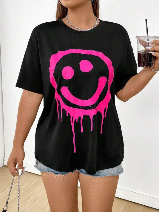 Melting Smiley Face T-Shirt for Women Loose Cotton Tee