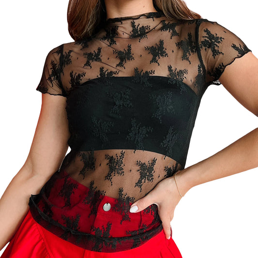 Women S Summer Lace Floral Tops Mesh Sheer Short Sleeve Mock Neck Fit T-Shirt