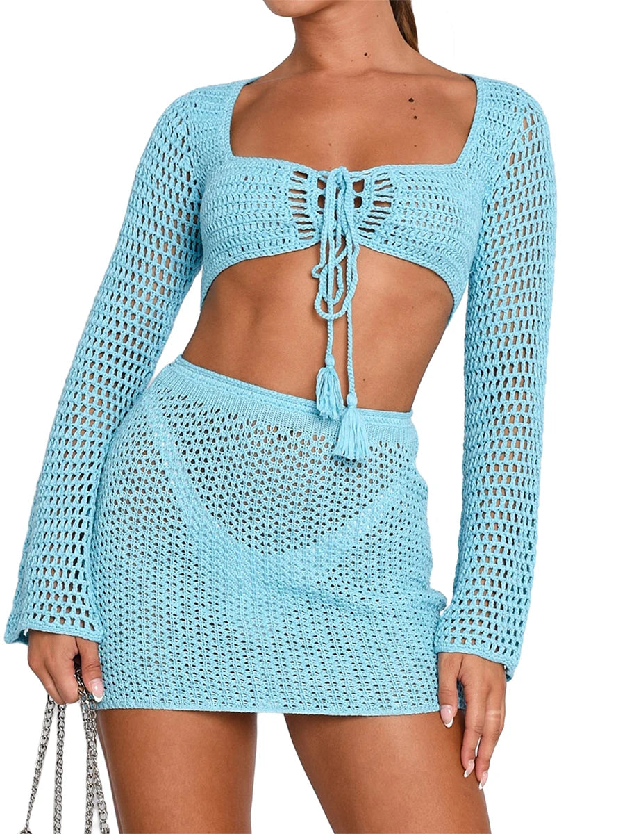 Women 2 Pieces Beachwear Outfits Square Neck Long Sleeve Tie-Up Front Knitted Cover-Ups Set