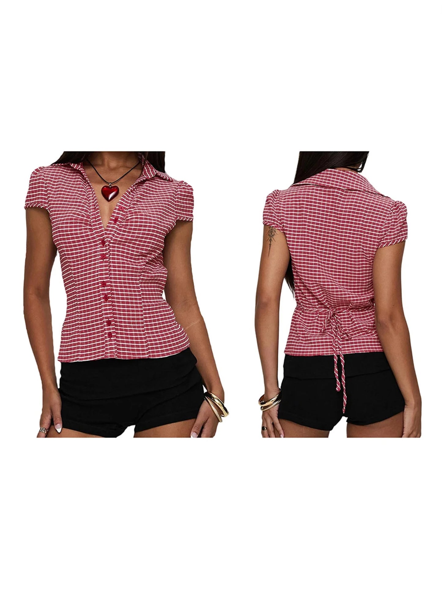 Women’s Stylish Plaid Print Short Sleeve Shirt Lapel Button Down Casual Blouse Summer Tops Collection
