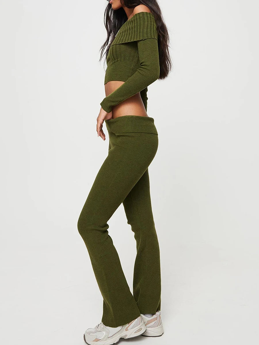Women’s Two Piece Outfits Set Off Shoulder Knit Crop Tops Pants Set