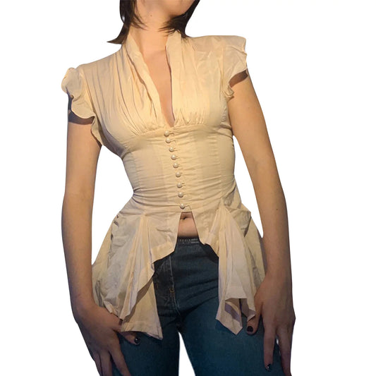 Elegant Sleeveless Ruffle Blouse with Button Down Detail
