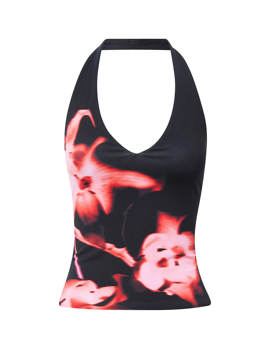 Women’s Boho Floral Print Spaghetti Strap Crop Top Blouse