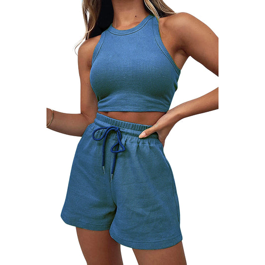 Women’s Two Piece Summer Outfit Sleeveless Waffle Tank Top and Shorts Set Loungewear