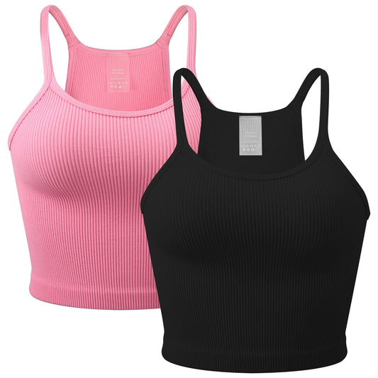 2 Pieces Women Tank Tops Sexy Going Out Sports Ribbed Summer Tops Crop Tops for Ladies Black Pink
