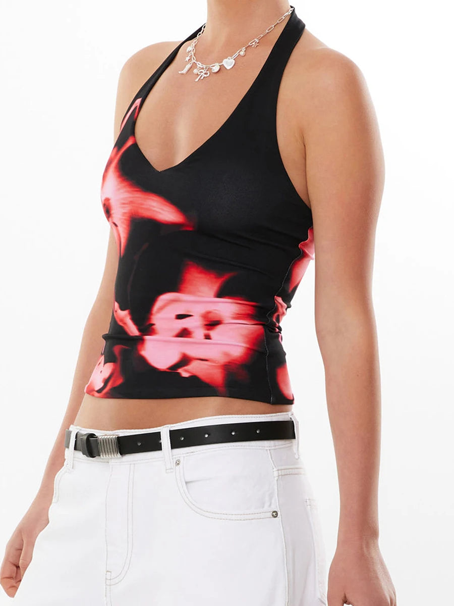 Women’s Boho Floral Print Spaghetti Strap Crop Top Blouse