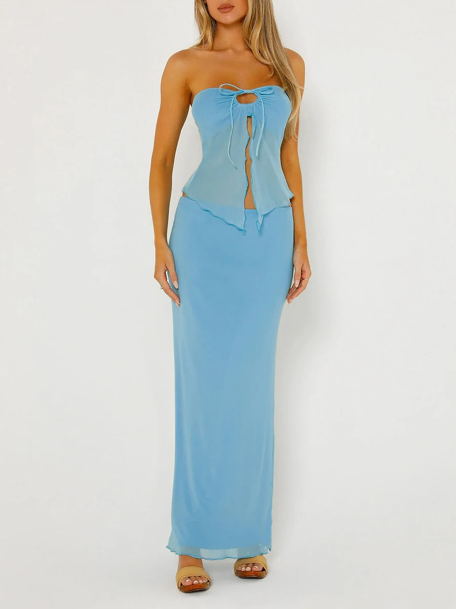 Women 2 Piece Outfits Drawstring Cutout Split Bandeau Set