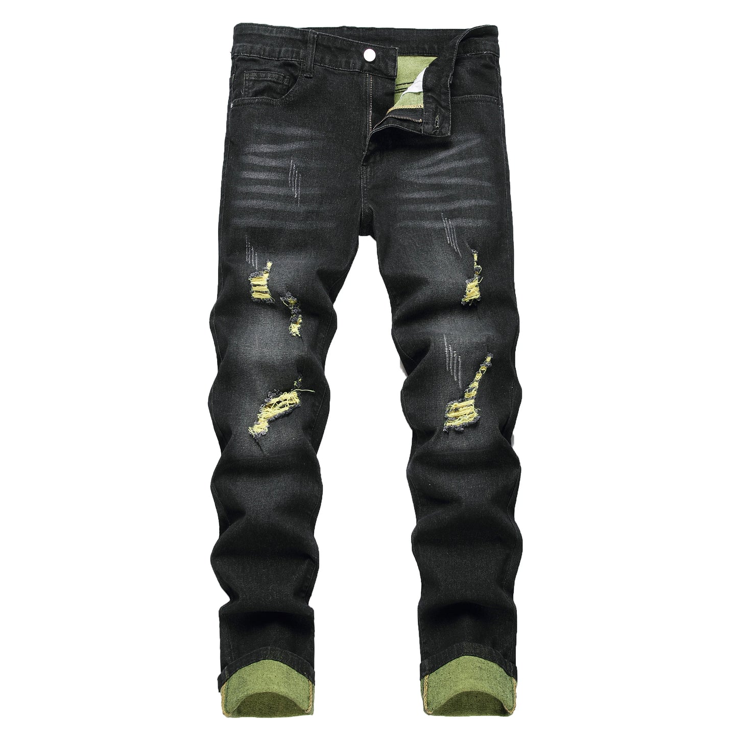 Men's Black Jeans Elastic Black Cattle Destroyed Jeans 515-1