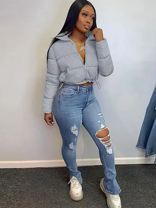 Women's Winter Cropped Puffer Jacket Long Sleeve Full Zip