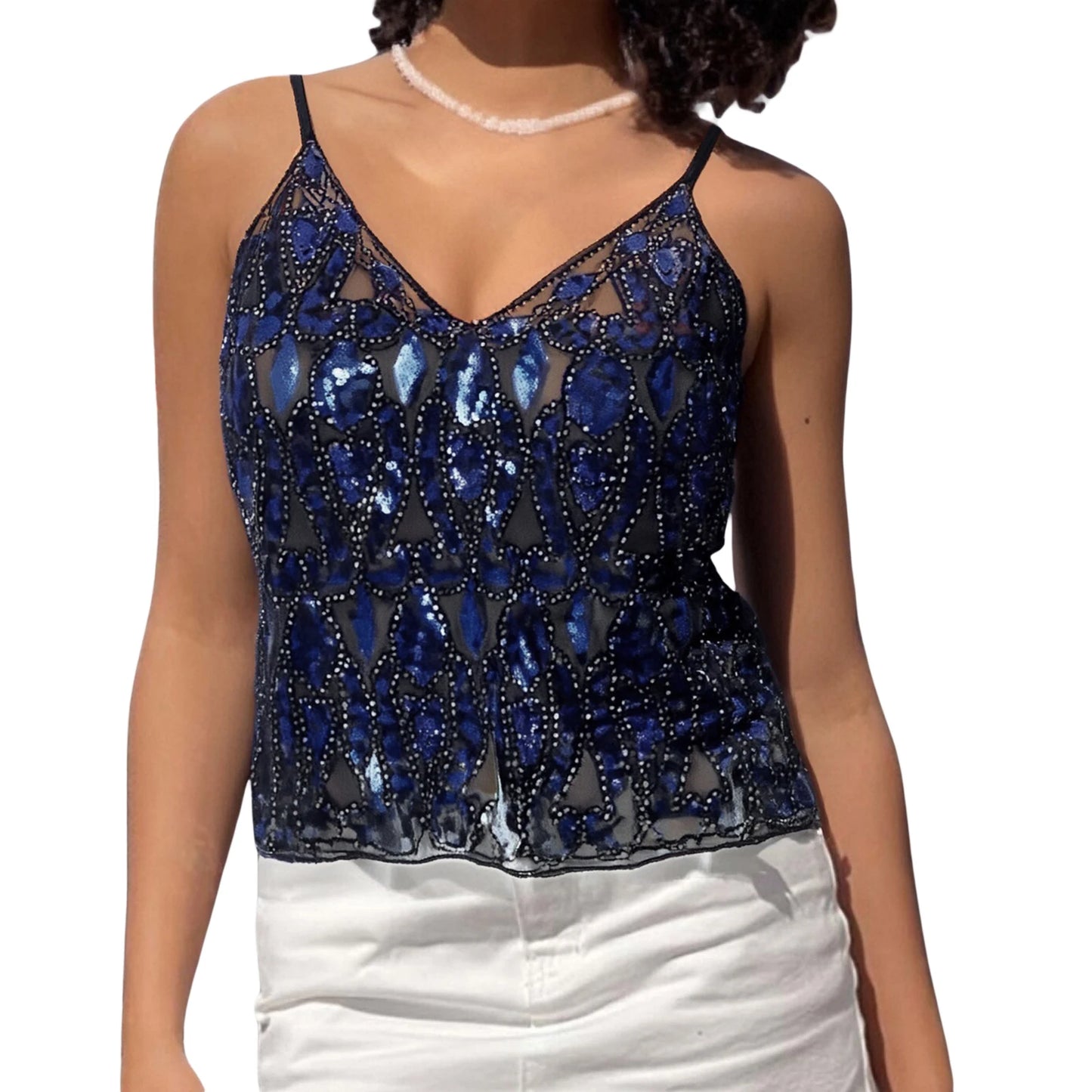 Women s Sparkling Sequin Embellished Crop Top Sleeveless V-Neck Fit Camisole Fashion Tank Tops