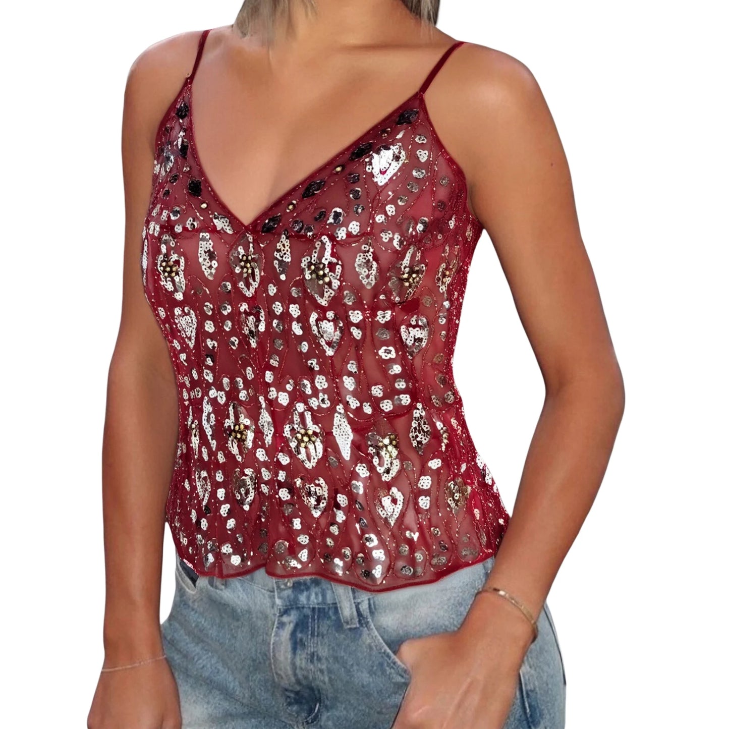 Women s Sparkling Sequin Embellished Crop Top Sleeveless V-Neck Fit Camisole Fashion Tank Tops