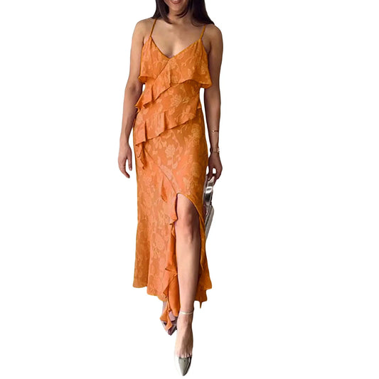 Women Summer Ruffled Floral Jacquard V-Neck Sleeveless Split Party Dress for Cocktail Beach Streetwear