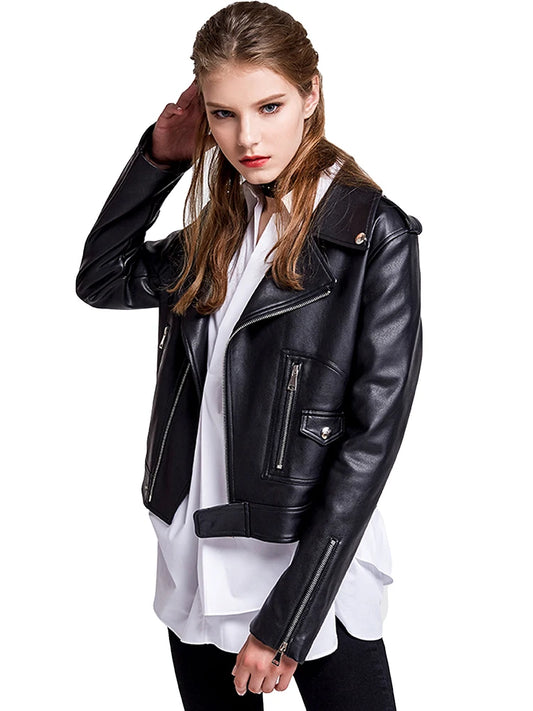 FTLZZ Women Faux Leathers Jacket Red Black Biker Coat
