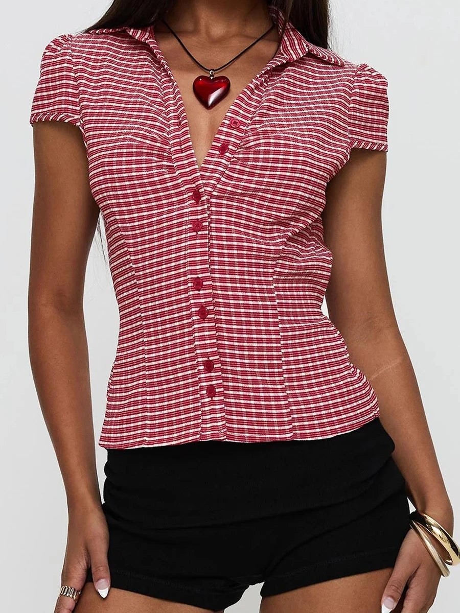 Women’s Stylish Plaid Print Short Sleeve Shirt Lapel Button Down Casual Blouse Summer Tops Collection