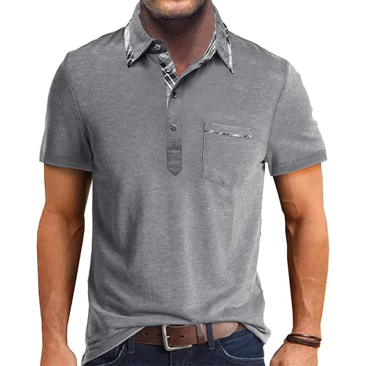 Men Short Sleeve T-Shirts Contrast Plaid Turn-Down Collar