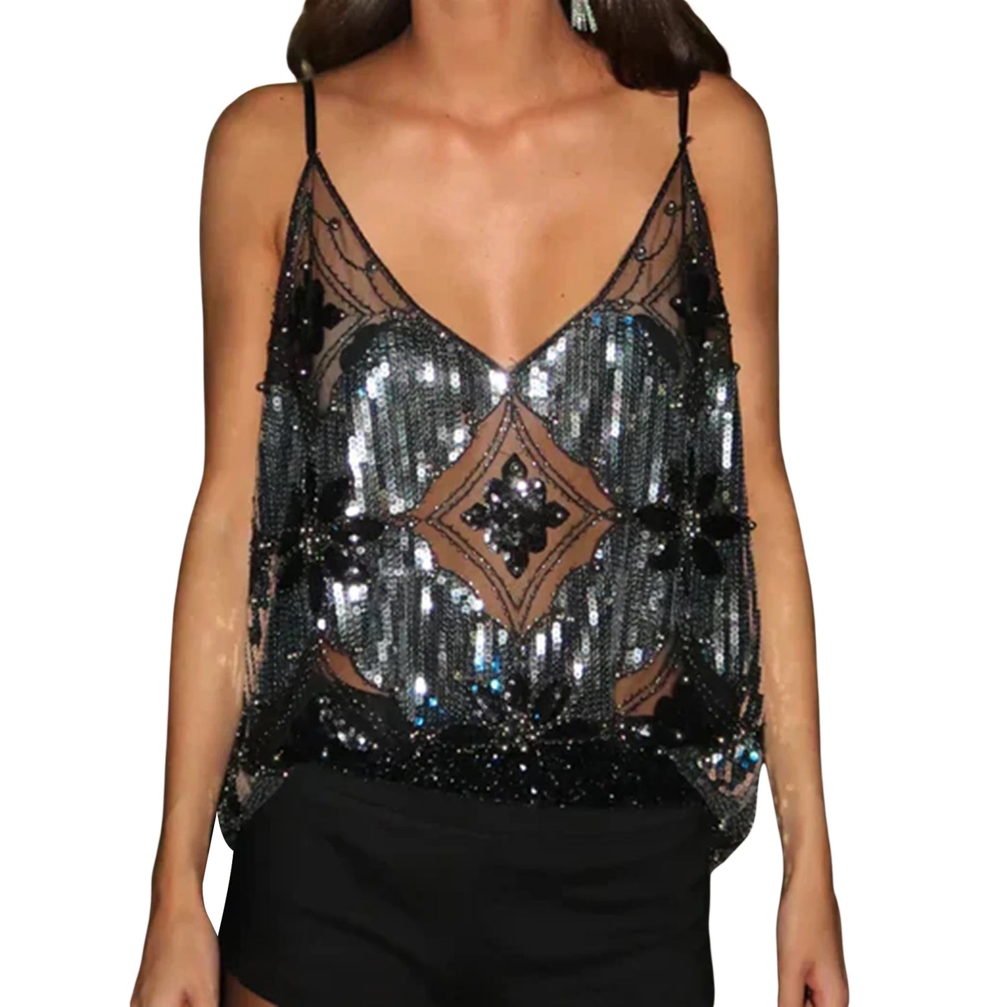 Women s Sparkling Sequin Embellished Crop Top Sleeveless V-Neck Fit Camisole Fashion Tank Tops