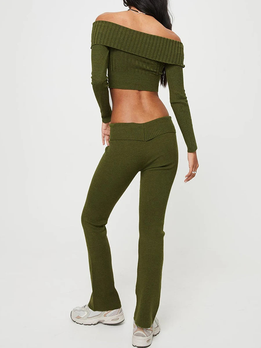 Women’s Two Piece Outfits Set Off Shoulder Knit Crop Tops Pants Set